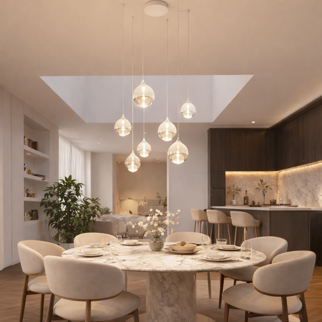 Six-Light Mouth-Blown Glass Pendant Chandelier