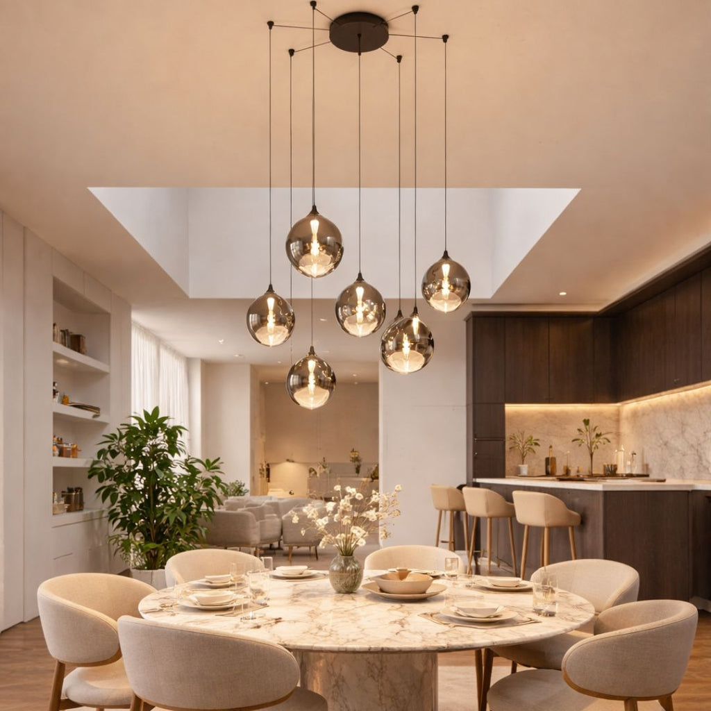 Six-Light Mouth-Blown Glass Pendant Chandelier