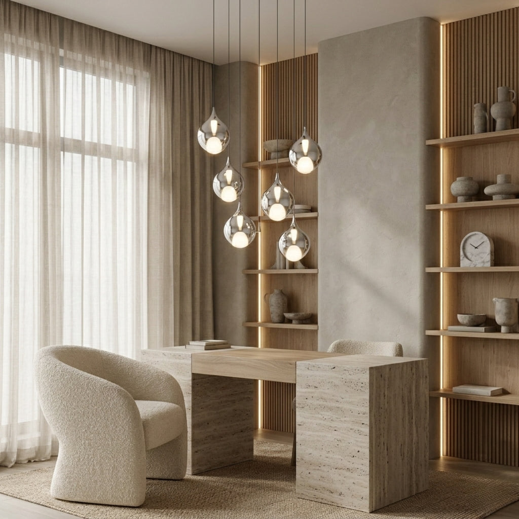 Six-Light Mouth-Blown Glass Pendant Chandelier