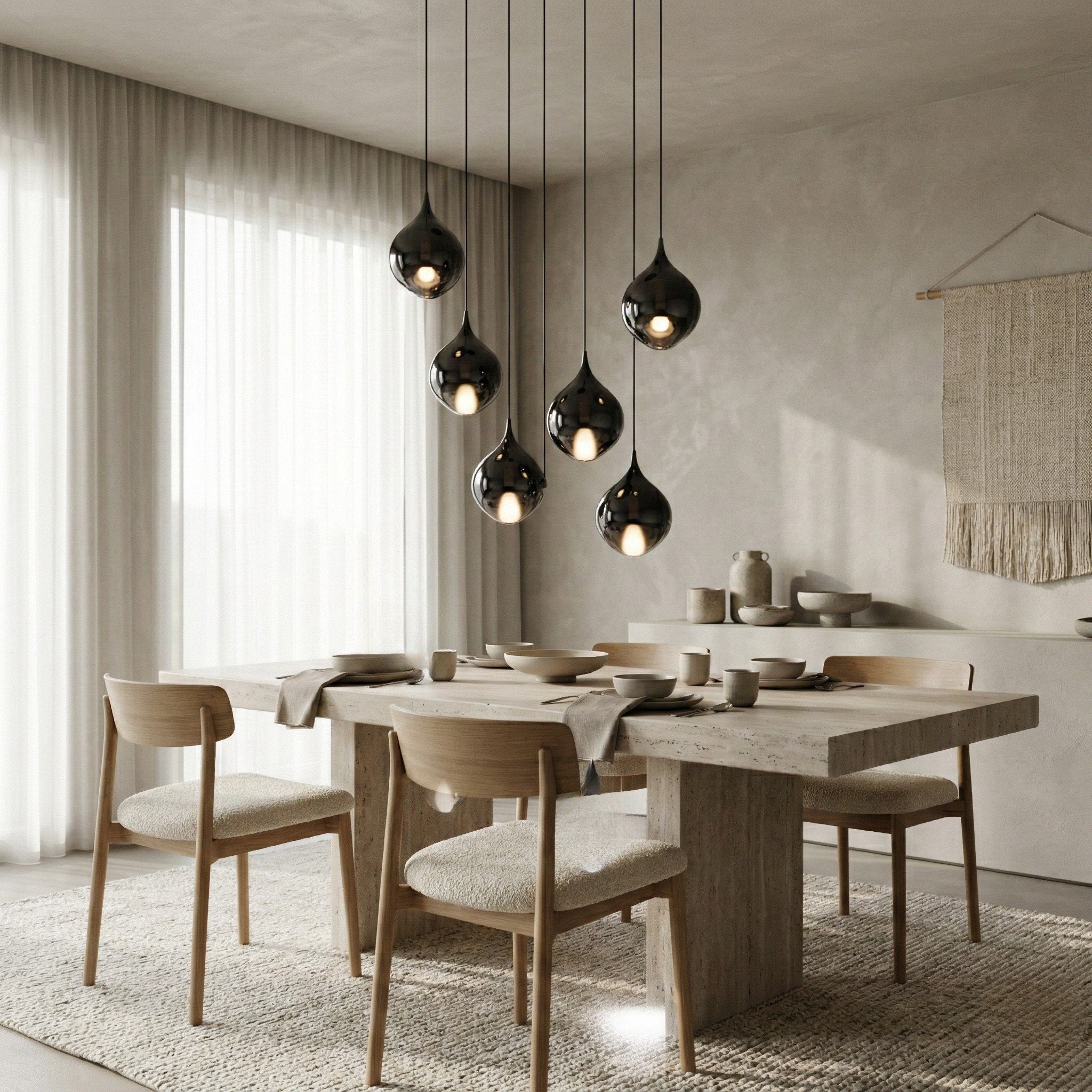 Six-Light Mouth-Blown Glass Pendant Chandelier
