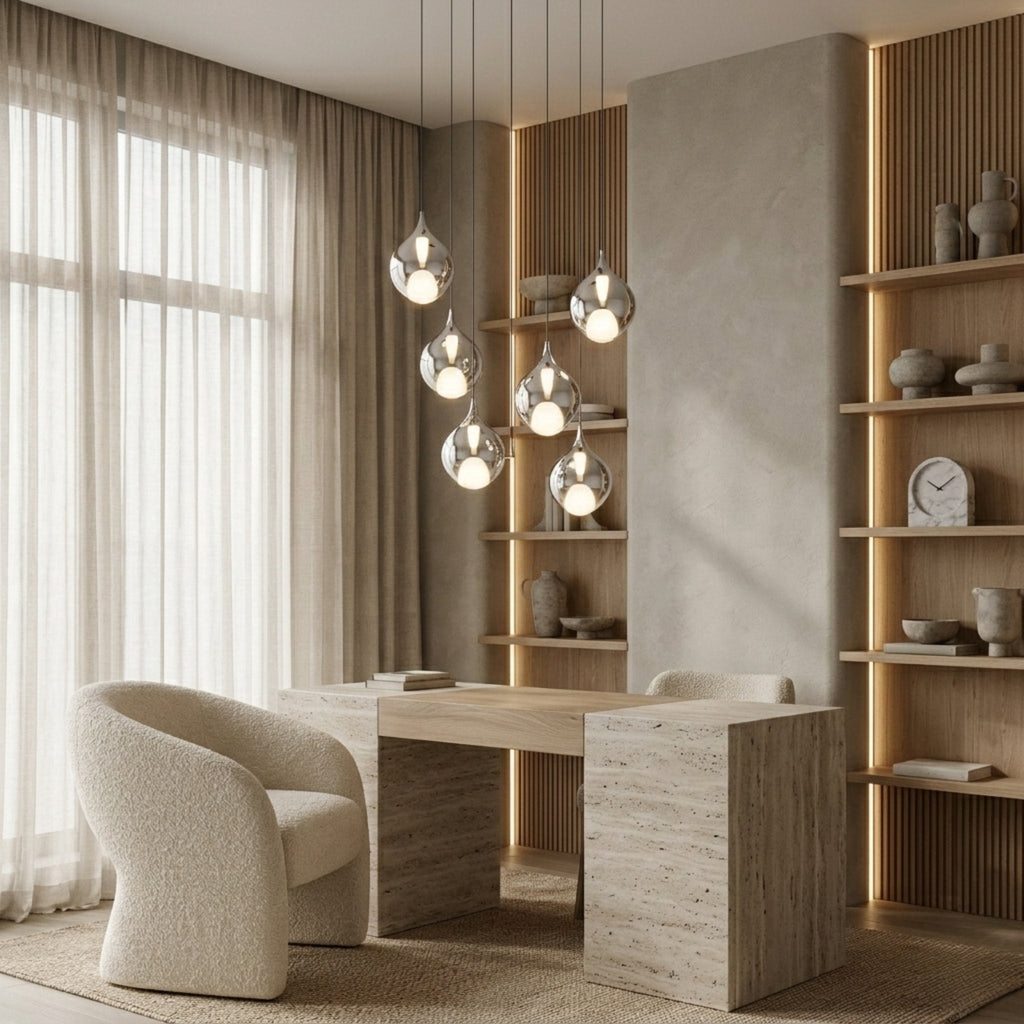 Six-Light Mouth-Blown Glass Pendant Chandelier